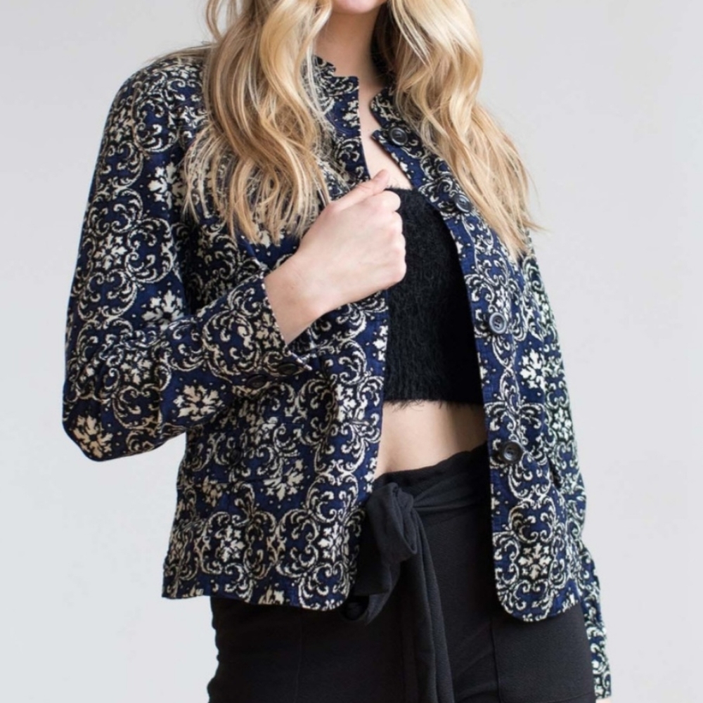 Charter Club Navy Floral Shacket Large Cotton Stretch Fine Corduroy